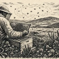 Black-ink linocut illustration of a beekeeper tending an open wooden hive among heather and wildflowers, with bees circling above and prayer beads resting in the foreground
