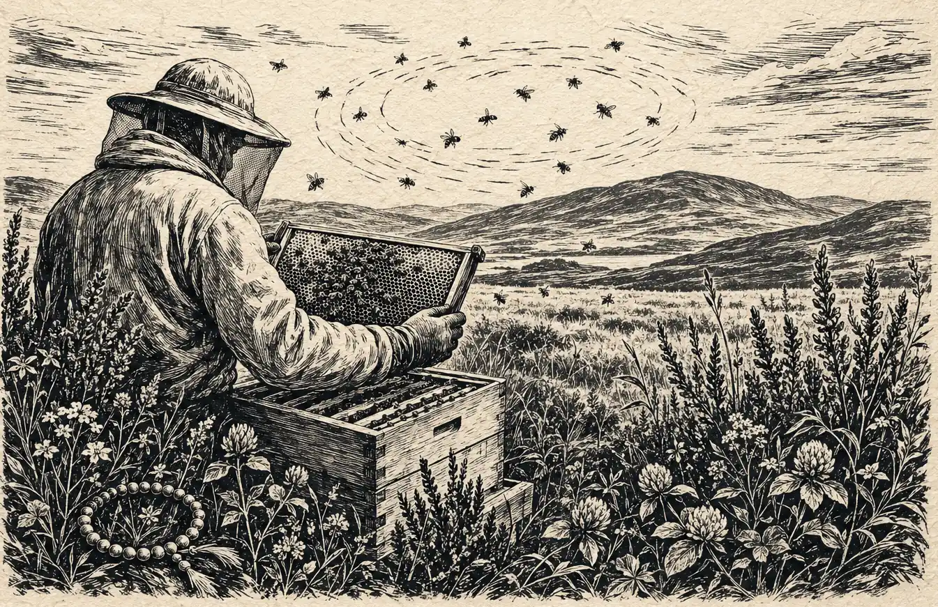 Black-ink linocut illustration of a beekeeper tending an open wooden hive among heather and wildflowers, with bees circling above and prayer beads resting in the foreground